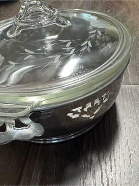 Etched PYREX Glass Covered Casserole Dish with Silver Tone Holder